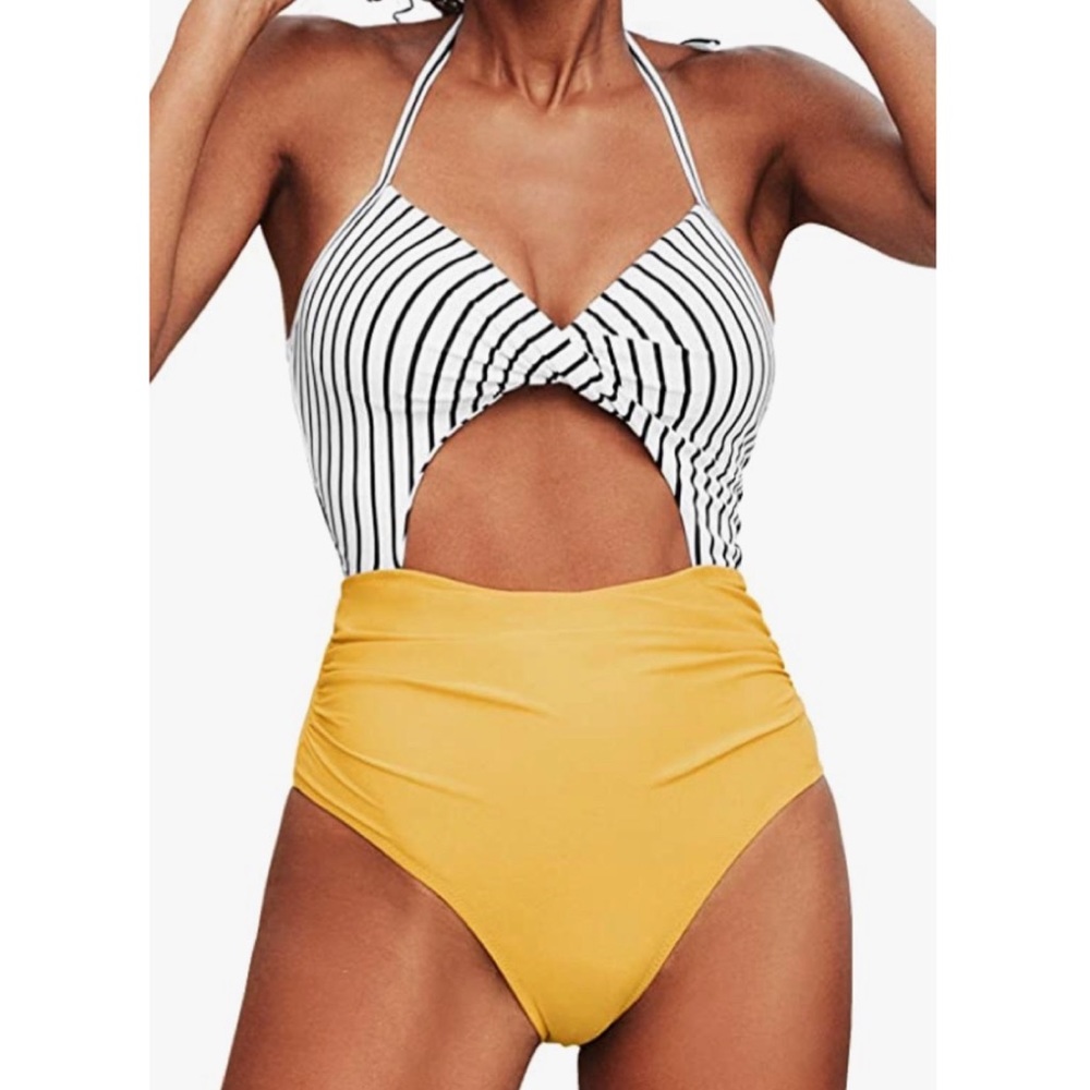 🆕 CUPSHE One Piece Swimsuit Cutout Halter Lace Up Twist